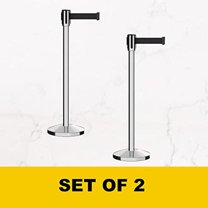 Montour Line M530 Set of 2 Retractable Belt Barrier Stanchion, Sloped Base, Polished Stainless Steel Post (7.5 ft Blue and White Diagonal Belt) - color: Blue and White Diagonal, size: 7.5 ft