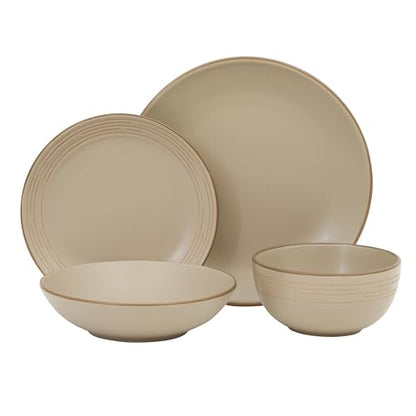 Gibson Home Chiswick House 16-Piece Stoneware Dinnerware Set, Round Plates and Bowls Set for 4, Beige with Wax Relief Embossed Rim Detail, Dishwasher Safe – Dinner Plate, Salad Plate & Cereal Bowl - color: Beige w/ Wax Relief Embossed Rim (Chiswick House)