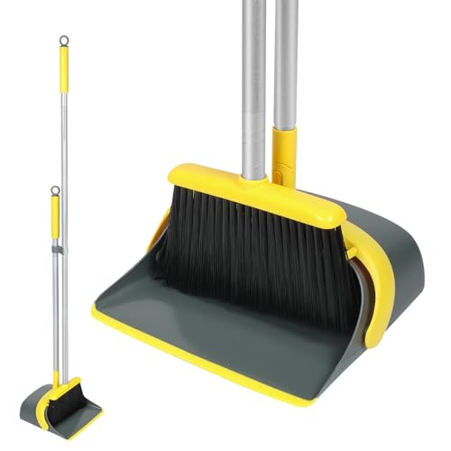 Broom and Dustpan Set with 54 Inch Long Handle - Perfect Dust Pan and Brush Combo for Home Efficient Cleaning (Yellow and Grey) - color: Yellow and Grey