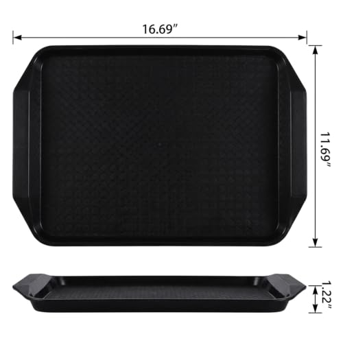 12 Packs Plastic Rectangular Tray, 16.69 x 11.69 Inches Fast Food Serving Tray, Black