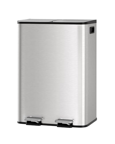 Large Stainless Steel Dual Compartment Recycling Trash Can 2 * 30 l/16 Gal Recycle Bins with Lid Waste Bin with Removable Buckets, Bathroom,Kitchen Garbage Can Rectangle Garbage Bin - color: silver, size: 2*30L