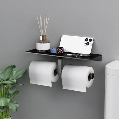 Danpoo Matte Black Toilet Paper Holder with Shelf, Wall-Mounted Bathroom Organizer, Double Roll - color: Black