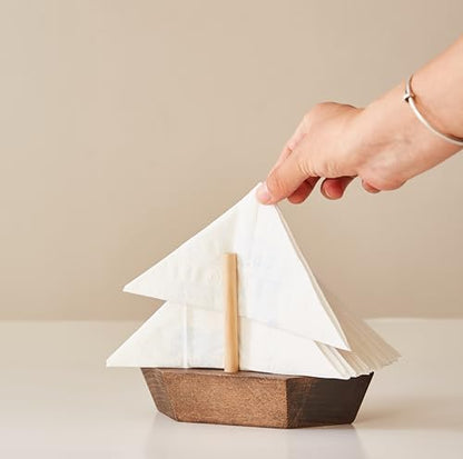 HMC Wooden Sailboat Napkin Holder – The Smooth Sailor Nautical Tabletop Dispenser for Coastal Home & Kitchen Décor, Durable Wooden Construction
