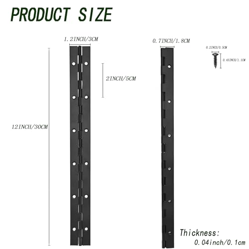 6 Pack Continuous & Piano Hinges,12 inches Black 304 Stainless Steel Hinges 0.04" Thickness Heavy Duty Continuous Hinges with Holes for Pianos，Door，Wooden Boxes，Cabinet. (12inches/30cm) - size: 12inch