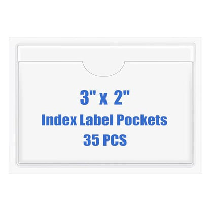 Origin-Joy 35 PCS Self Adhesive Index Card Pockets with Top Open, Clear Plastic Label Holder for Cards of Note, Library and Business, Adhesive Label Pockets & Card Holder (3 x 2 inch) - size: 3 x 2 inch, style: Horizontal