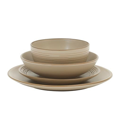 Gibson Home Chiswick House 16-Piece Stoneware Dinnerware Set, Round Plates and Bowls Set for 4, Beige with Wax Relief Embossed Rim Detail, Dishwasher Safe – Dinner Plate, Salad Plate & Cereal Bowl - color: Beige w/ Wax Relief Embossed Rim (Chiswick House)