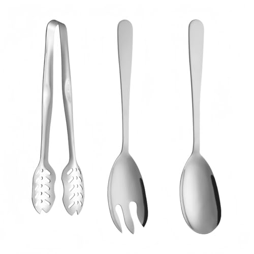 Salad Spoon and Fork Stainless Steel Tong Serving Set, Heavy Duty Smooth Finish Metal Serving Utensils Large Salad Servers for Home Kitchen Party Buffet Supply (Silver) - color: Silver