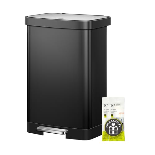 EKO Hudson 50 Liter/13.2 Gallon Kitchen Trash Can with Soft Close Lid, Stainless Steel Step Trash Can, Garbage Can with Rear Trash Bag Storage Compartment for Kitchen, Matte Black - color: Matte Black, size: 50L