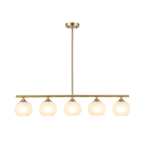 BYOLIIMA Modern Brushed Brass Linear Chandelier Over Table Frosted Striped Glass Shade Gold Mid Century Sputnik Globe Pendant Light Farmhouse Ceiling Hanging Light Fixture Dining Room Kitchen Island - color: Gold/Frosted White