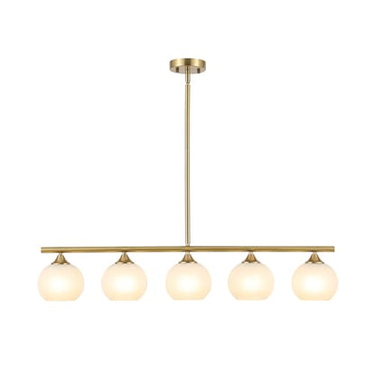 BYOLIIMA Modern Brushed Brass Linear Chandelier Over Table Frosted Striped Glass Shade Gold Mid Century Sputnik Globe Pendant Light Farmhouse Ceiling Hanging Light Fixture Dining Room Kitchen Island - color: Gold/Frosted White