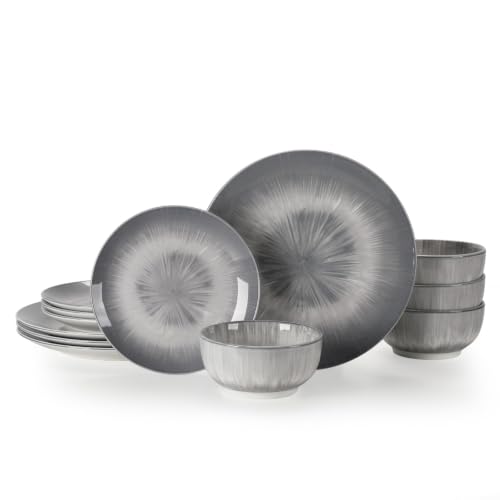 Sweejar Ceramic Dinnerware Service of 4,12 pcs Plate and Bowls for Kitchen - color: Gray, style: Service for 4 (12PCS)