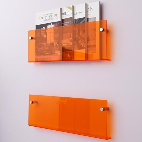 2 Pack Orange Acrylic Magazine Holder, Wall Mount Hanging Bookshelf Literature Storage Rack, Brochure File Display Shelf for Waiting Room, Living Room, Office, Home - size: Orange 17 Inch