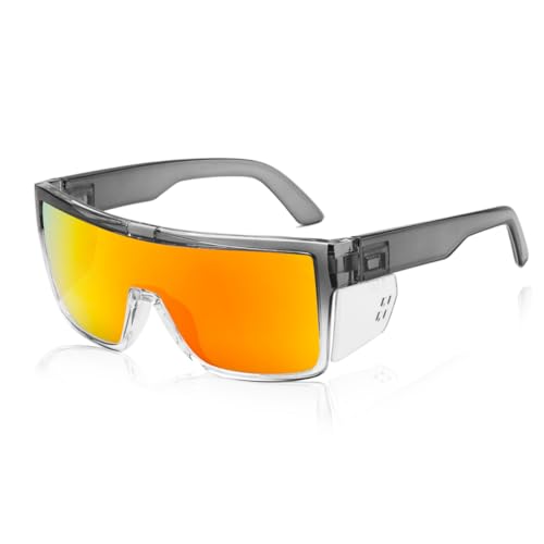 Polarized Safety Sunglasses, UV400 Protection, ANSI Z87.1 Wraparound Protective Eyewear - color: Grey Red Mirror