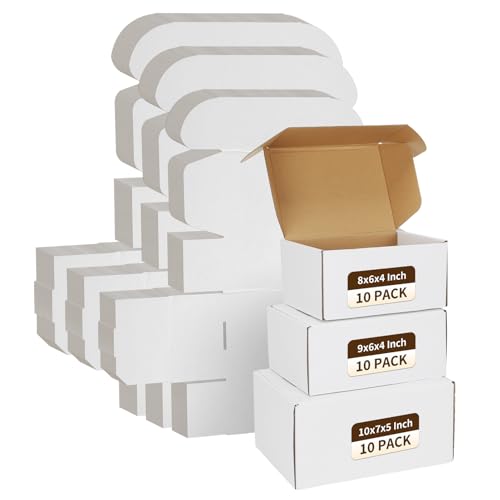 WIFTREY 30 Pack Assorted Sizes Shipping Boxes, 10X7X5 & 9X6X4 & 8X6X4 Small shipping box White, 10 PCS Each Corrugated Cardboard Box for Packaging Small Business, Mailing - color: White 30 Pack, size: 10X7X5 & 9X6X4 & 8X6X4
