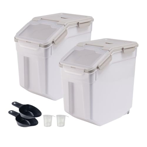 2 Pack Rice Storage Container 25 lbs, Airtight Flour Storage Containers with Lid and Wheels, Measuring Cup & Scoop, BPA Free, Bulk Food Dispenser for Sugar, Grain, Cereal, Dog Food (Grey) - color: 2Pcs 25LB Grey