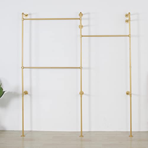 Modern Simple Industrial Pipe Double Hanging Rods Clothing Rack, Clothes Rack Wall Mounted Heavy Duty Hanging Clothes Rack, Detachable Garment Bar 93.7X84inch (Gold) - style: 3-Hanging Gold