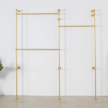 Modern Simple Industrial Pipe Double Hanging Rods Clothing Rack, Clothes Rack Wall Mounted Heavy Duty Hanging Clothes Rack, Detachable Garment Bar 93.7X84inch (Gold) - style: 3-Hanging Gold