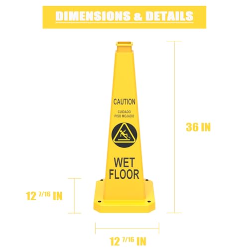 36" Yellow "Caution Wet Floor" Safety Cones 6-Pack with Base - color: Yellow, size: 36"