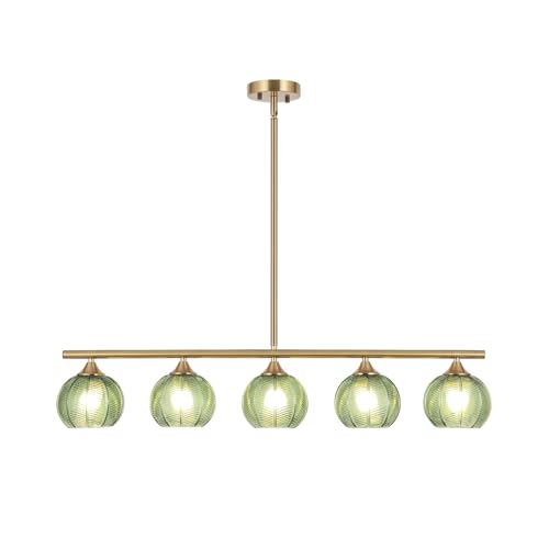 BYOLIIMA Modern Brushed Brass Linear Chandelier Green Striped Glass Shade 5-Lights Gold Mid Century Sputnik Globe Pendant Light Farmhouse Ceiling Hanging Light Fixture Dining Room Kitchen Island - color: Gold/Green