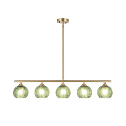 BYOLIIMA Modern Brushed Brass Linear Chandelier Green Striped Glass Shade 5-Lights Gold Mid Century Sputnik Globe Pendant Light Farmhouse Ceiling Hanging Light Fixture Dining Room Kitchen Island - color: Gold/Green