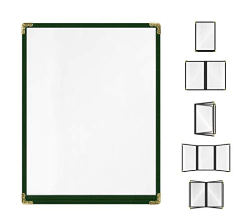 Goodsmart Restaurant Menu Covers - Green, 25 Pack, 8.5" x 11", 1-Page/2-View, Top-Loading Vinyl Menu Holders, Clear Sleeves, Double-Stitched Edge, Leather-Style Café Covers with Gold Corners - color: Green, size: 1 Page / 2 Views - 8.5" x 11"