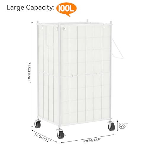 WOWLIVE Rolling Laundry Basket, Metal Wire Frame Laundry Hamper with Wheels - color: White, size: 100l