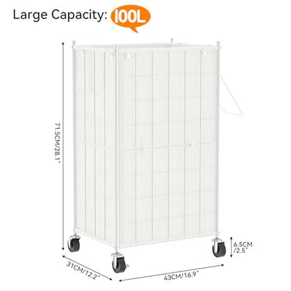 WOWLIVE Rolling Laundry Basket, Metal Wire Frame Laundry Hamper with Wheels - color: White, size: 100l