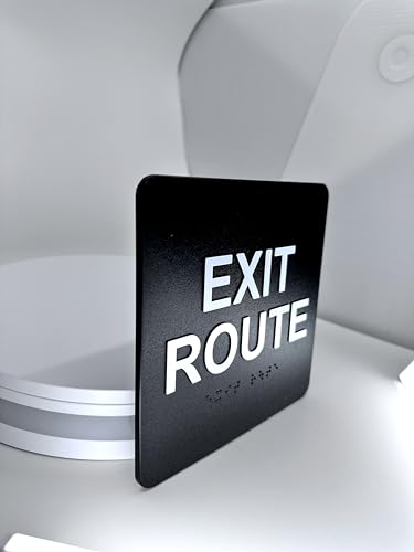 ADA Exit Route Sign with Braille Grade II, ADA Compliant,6"x6", 3M Double Sided Tape (Black) - color: Black