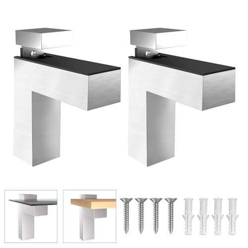 Adjustable Floating Shelf Bracket (2 Pack), Heavy Duty Zinc Alloy L Brackets for 3-28mm Thick Glass/Wood Shelving, Wall Mount Clamp Support for Bathroom Kitchen Cabinet - Rust Resistant Chrome Finish - color: Silver, size: 2 Pieces