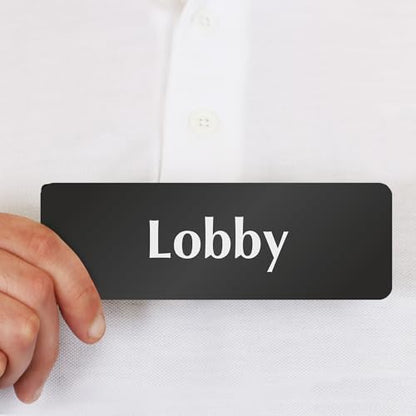 SmartSign Lobby Door Sign, 2" x 6", 20 mil Thick Anodized Aluminum Material, Strong Adhesive Backing, Waterproof, Sealed Legend, Black and Silver, Pack of 1, USA Made - color: White