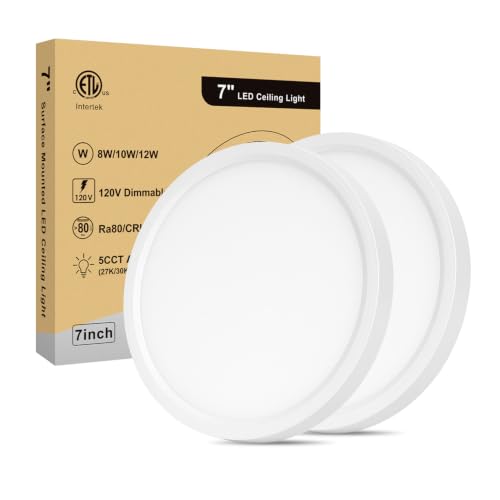 LED Flush Mount Ceiling Light - 7 Inch, Dimmable and 5CCT 8W/10W/12W Selectable, 100W Equivalent Incandescent Modern Kitchen Recessed Ceiling Lamp for Closet, Laundry, 7 Inch 2Pack White - color: White-2 Pack, size: 7 Inch