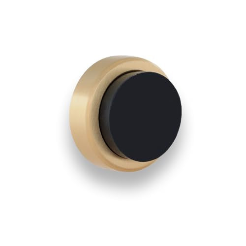 EVI Herrajes | Wall Brass Door Stop | 0.94x0.54 Inch | Gold Finish - Black Anti-Shock Rubber | Adhesive | Small and Discreet | Mod. 205 - color: Matte Brass - Black Rubber