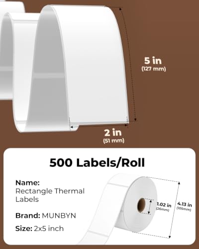MUNBYN 2x5 Thermal Labels, 500 Sheets/1 Roll, White - color: White, size: 2x5"
