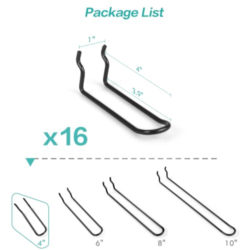 Pegboard Dual-arm Hooks - 16pcs Heavy Duty Tool Hanging Holders (Black, 4") - color: Black, size: 4 Inch