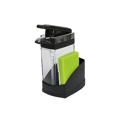 Casabella Sink Sider Solo Kitchen Soap Pump and Sponge Caddy, Black/Chrome - 2-in-1 Soap and Sponge Caddy, One-Hand Soap Dispensing, Ergonomic Design, Easy to Refill and Clean, Efficient Size - color: Black, size: Solo