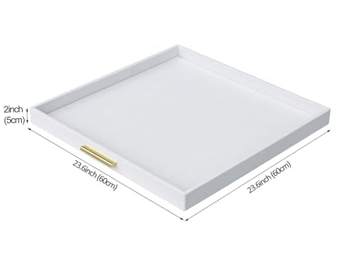 HofferRuffer Extra Large Square Serving Tray, Elegant Faux Leather Ottoman Tray with Gold Hardware Handles, Serve Tea, Coffee or Breakfast in Bed, 24 x 24 inches (White Shagreen) - color: White Shagreen, size: 24" x 24" x 2"