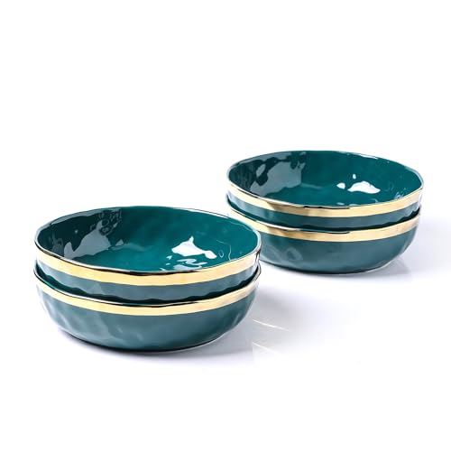 Stone Lain Florian 4-Piece Round Pasta Bowl Set, Green with Gold Rim - color: Green with Gold Rim, size: 4-Piece Pasta Bowl