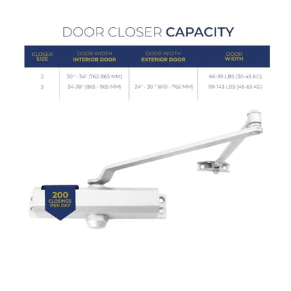 Door Closer, Commercial Grade 2 Hydraulic Closer, Spring Size 3, Surface Mount, Self-Closing, Adjustable Sweep & Latch Speed, Aluminum Anodized - color: Aluminum Anodized