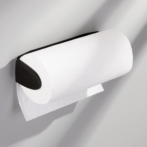 mDesign Metal Wall Mounted Paper Towel Holder Dispenser for Walls or Under Cabinet in Kitchen, Pantry, Cupboard, Sink Storage, Holds Jumbo Rolls - Omni Collection - Matte Black - color: Matte Black