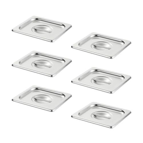 HECMAC 6-Pack 1/6 Size Hotel Pan Cover,Stainless Steel Solid Steam Table Catering Food Pan Lid with Handle, 23 Gauge - size: 1/6 Size, Plain Lid