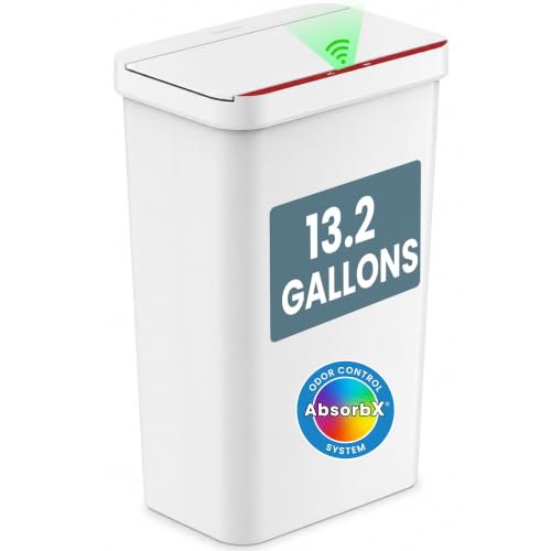 iTouchless 13.2 Gallon Sensor Trash Can with AbsorbX Odor Filter, Durable Dent-Proof Construction, Slim and Space-Saving Automatic Recycle Bin for Kitchen, Home Office, Garage, Business, White Plastic - color: Solid White