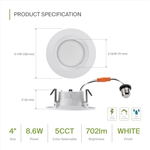 ASD 4 Inch Retrofit LED Recessed Light - 9W 2700K-5000K 700LM Retrofit LED Recessed Lighting 4 Inch, Dimmable Recessed Lights, Wet Rated Baffle Trim Can Lights, UL - color: White Baffle, size: 1 Pack