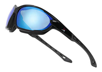 X Power ANSI Z87+ Safety Sunglasses Impact Resistant Polycarbonate Lens & Double Injection Frame - color: 001 Black & Grey Frame / Blue White Mirror Lens