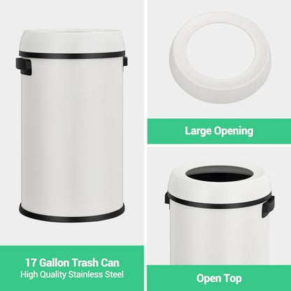 Garvee 17 gal/65 L Trash Can, Fingerprint-Proof Stainless Steel Open Top Garbage Can, Heavy Duty Commercial Round Trash Bin for Restaurant, Home, Office,White - color: White, size: 17 Gallon Open Top