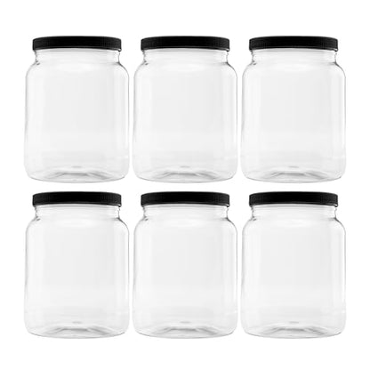 6 Pack - 64 oz (Half Gallon) Plastic Storage Jars with 110-400 Leak Proof Black Lid, Food Grade, BPA Free, Hand Wash Only (64oz, 6pk, BLK) - size: 6pk - 64oz, Black
