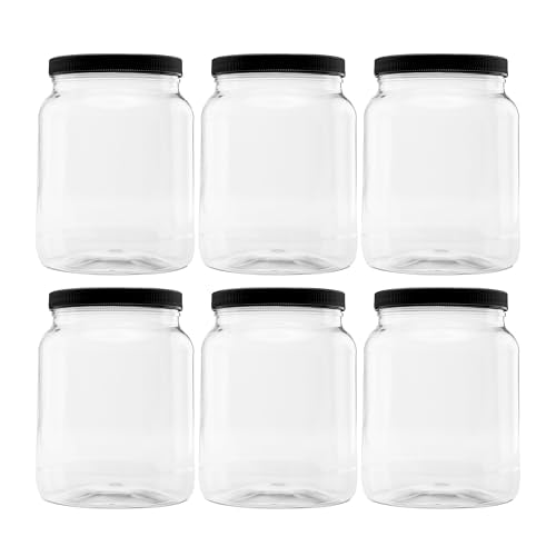 6 Pack - 64 oz (Half Gallon) Plastic Storage Jars with 110-400 Leak Proof Black Lid, Food Grade, BPA Free, Hand Wash Only (64oz, 6pk, BLK) - size: 6pk - 64oz, Black