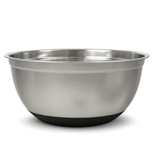 30 Qt Stainless Steel Mixing Bowl with Non-Slip Silicone Bottom, Round, Stackable, Mirrored Finish, 19.75 x 8.69 Inch, Silver and Black