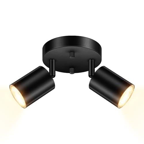 AUQUEE LED 2 Light Track Lighting Kit, LED Track Lighting Fixtures, Black Round Ceiling Spot Lighting, Flexibly Rotatable Light Head for Kitchen, Living Room, Bedroom, GU10 Bulb Not Included - color: 2 Light-Black