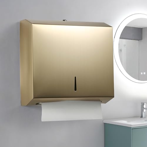 Comercial Paper Towel Dispenser Wall Mount, Stainless Steel Hand Towel Dispenser with Lock, Trifold/C Fold Paper Towel Holder for Bathroom Kitchen Office Public Places, Large Capacity Tissue Holder - color: Gold
