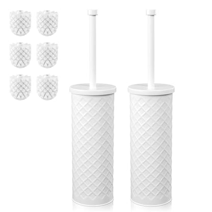 Toilet Bowl Brush and Holder Set 2 Pack with 4 Extra Brush Heads (White) - color: White